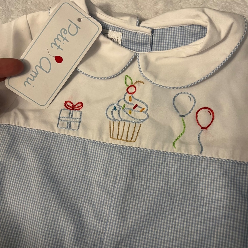 NWT Petit Ami Baby Boy 12M Blue Gingham 1Birthday Cupcake Embroidered Romper NEW